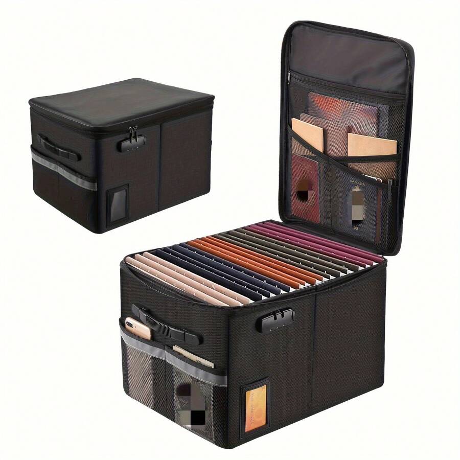 File Box With Lock, Fireproof Box File Storage Organizer Anti-Static Box, Collapsible Fireproof Document Box Filing Box With Handle, Portable Home Office Safe For Hanging Letter/Legal Folder - Black - View 1