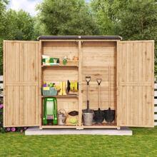 Outdoor Furniture Outdoor Storage Cabinet With Waterproof Roof, Storage Double Lockable Doors Garden Herramientas Tools Shed With 2 Removable Shelves, Wooden Storage Shed With Large Herramientas Tools Storage Space, Indoor And Outdoor Shed For Garden, Patio, Backyard, Front Porch, Garage - 天然木材 - 查看 1