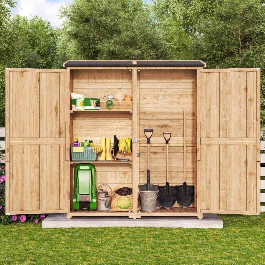 Outdoor Furniture Outdoor Storage Cabinet With Waterproof Roof, Storage Double Lockable Doors Garden Herramientas Tools Shed With 2 Removable Shelves, Wooden Storage Shed With Large Herramientas Tools Storage Space, Indoor And Outdoor Shed For Garden, Patio, Backyard, Front Porch, Garage - 天然木材 - 查看 1