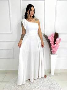 Long Luxury Plain Duna Linen Dress With Bow One Shoulder - White - View 1