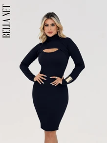 Long Sleeve Tube Dress High Neck Low Cut Moda Gringa - 亮橙色 - 查看 2