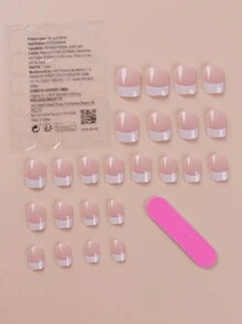 24pcs French Stiletto Nail Kit - Nude And White, Short Square Acrylic False Nails With Jelly Stickers, Easy To Apply - Suitable For Office And Casual Occasions. Nail Art Supplies, Nail Stickers. - Multicolor - View 2