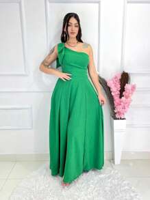 Long Plain Duna Linen Dress With Bow One Shoulder - Green - View 2