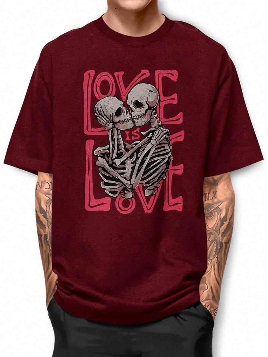 Love Is Love Skull Basic T-Shirt 100% Cotton Shirt GPJ1 - Màu Đỏ Sâu - Xem 1