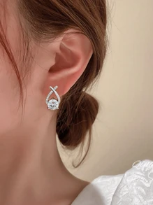 1 paire de boucles d'oreilles créoles à la mode entièrement pavées de diamants, boucles d'oreilles personnalisées pour femmes - Argent - Voir 3
