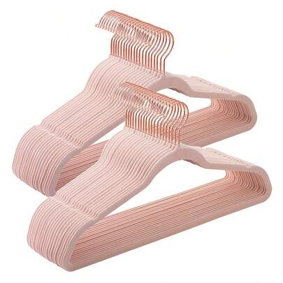  SONGMICS Juego de 50 Perchas de Terciopelo, 41.5 cm de Largo, con Ganchos Giratorios de 360°, para Camisas de Abrigo Completas, Rosa