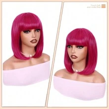 Hot Pink Wig With Bangs Hot Pink Wigs For Women 12 Inch Short Straight Bob Wig Synthetic Hair Colored Wigs For Cosplay Party - Hot Pink - View 5