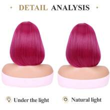 Hot Pink Wig With Bangs Hot Pink Wigs For Women 12 Inch Short Straight Bob Wig Synthetic Hair Colored Wigs For Cosplay Party - Hot Pink - View 6