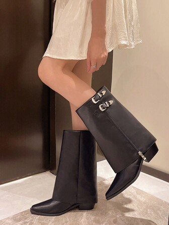 2024 新款韩版方头扣带中筒靴女款粗跟筒时尚牛仔靴百搭