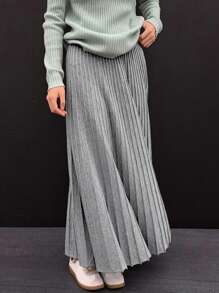 1pc Women Plain Minimalistic Elegant Slim Fit Flowy A-Line Midi Skirt, Casual Everyday Wear - Grey - View 3