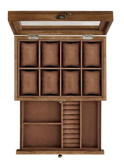  SONGMICS Caja de Relojes con 8 Ranuras, Estuche de Relojes de Madera de 2 Niveles con Tapa de Cristal, Almohadillas, Forro de Terciopelo, Regalo de Seres Queridos, Nogal Rústico