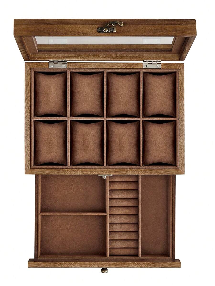 SONGMICS Caja de Relojes con 8 Ranuras, Estuche de Relojes de Madera de 2 Niveles con Tapa de Cristal, Almohadillas, Forro de Terciopelo, Regalo de Seres Queridos, Nogal Rústico