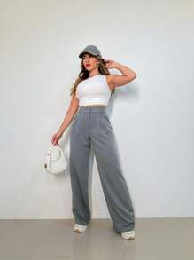 MODA MO, REF:  3271, Calça Alfaiataria Feminina | Cintura Alta Pantalona | Look Elegante e Despojado | Moda Casual para o Dia a Dia | Perfeita para o Trabalho |  Confortável e Estilosa | Caimento Impecável - Cinza - Visão 6