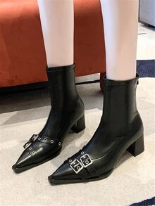 Queenzoo 女士方头短靴，摩托车风格，春秋，韩版时尚，后拉链，粗跟，踝靴 - 黑色 - 查看 4