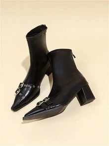 Queenzoo 女士方头短靴，摩托车风格，春秋，韩版时尚，后拉链，粗跟，踝靴 - 黑色 - 查看 2