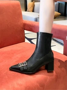 Queenzoo 女士方头短靴，摩托车风格，春秋，韩版时尚，后拉链，粗跟，踝靴 - 黑色 - 查看 5