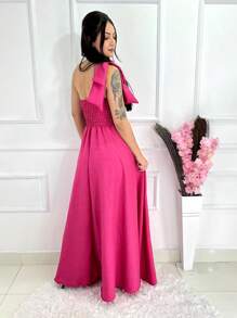 Long Luxury Plain Duna Linen Dress With Bow One Shoulder - Hot Pink - View 3