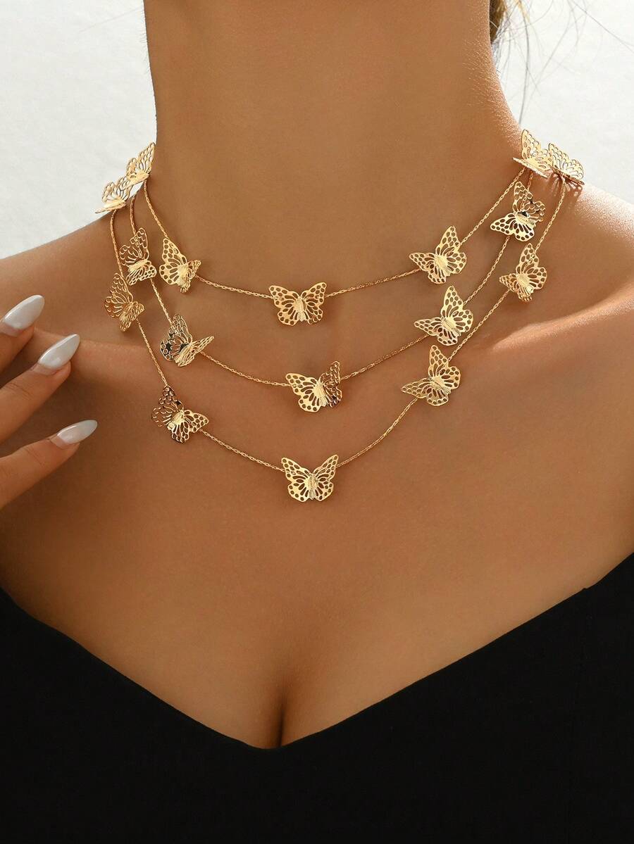1 件多层创意蝴蝶颈链 - 金黃色 - 查看 1