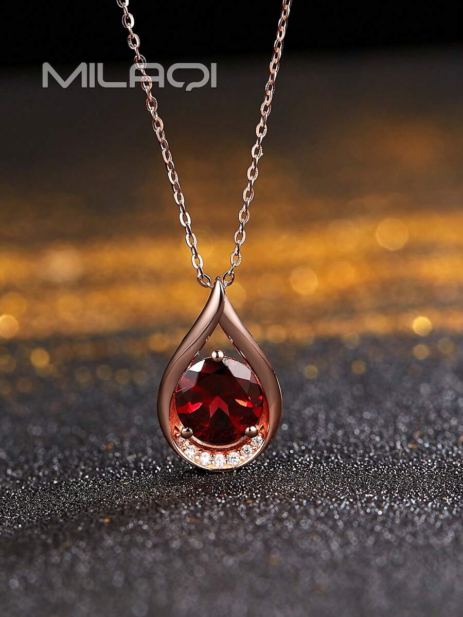 1 件天然宝石 S925 纯银 18K 镀金水晶或石榴石泪珠吊坠项链，适合日常佩戴 - 玫瑰金 - 查看 1