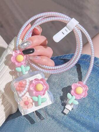 5pcs Wave Transparent Flower TPU Charging Adapter Protective Case, Compatible With Apple 18W/20W Fast Charger Cable Organizer