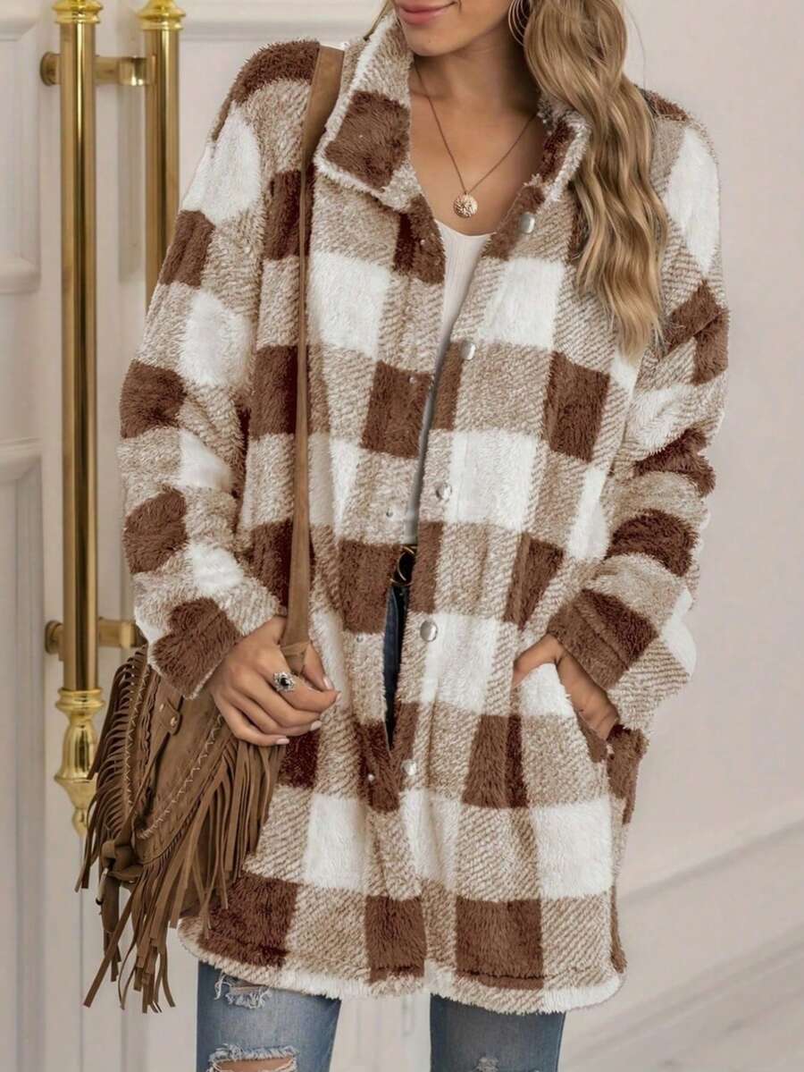 Women Plaid Fleece Jacket, Thick And Warm For Autumn/Winter - Khaki - View 1