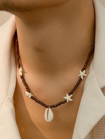 1pc Handmade Men's Beachy Ocean Theme Bead, Shell & Starfish Necklace, Suitable For Men