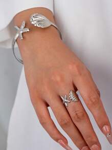 1入海星貝殼金屬手鐲+1入可調節開口戒指海灘度假風格復古時尚禮物套裝女士 - 金黃色 - 查看 2