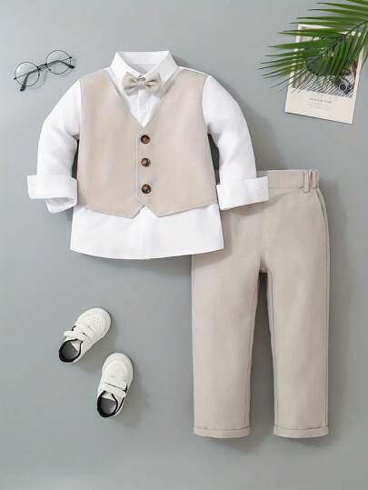 年轻男孩绅士西装套装，新款秋季正装背心长袖衬衫西装生日派对舞台表演服装