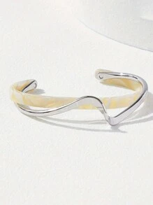 1pc Luxury White Pearl Plate Twisted Metal Texture Bangle Bracelet For Women, Everyday Wear