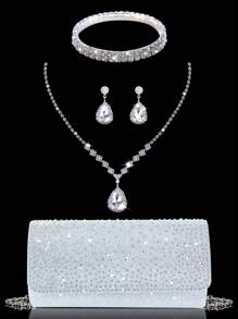 迷人、精致、奢华的女士水钻装饰晚装手拿包，低调优雅的链条单肩包和手提包，配有水钻耳环和项链、手链，适合派对女孩、女士、新娘，非常适合派对、婚礼、舞会、晚宴/宴会。最佳新年和情人节礼品套装。奢华晚装手拿包套装，迷人的女士礼品套装 - 銀色 - 查看 2