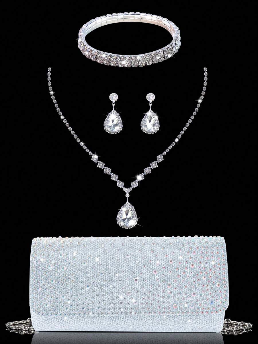 迷人、精致、奢华的女士水钻装饰晚装手拿包，低调优雅的链条单肩包和手提包，配有水钻耳环和项链、手链，适合派对女孩、女士、新娘，非常适合派对、婚礼、舞会、晚宴/宴会。最佳新年和情人节礼品套装。奢华晚装手拿包套装，迷人的女士礼品套装