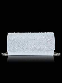 迷人、精致、奢华的女士水钻装饰晚装手拿包，低调优雅的链条单肩包和手提包，配有水钻耳环和项链、手链，适合派对女孩、女士、新娘，非常适合派对、婚礼、舞会、晚宴/宴会。最佳新年和情人节礼品套装。奢华晚装手拿包套装，迷人的女士礼品套装 - 銀色 - 查看 3