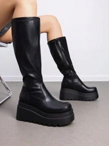 Women's Platform Heel Knee High Boots Round Toe Side Zipper Fashionable Punk Goth Boots - 黑色/PU - 查看 1