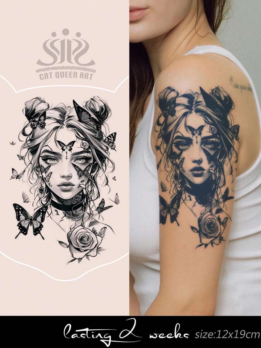 1 件草本汁半永久性纹身，Y2K 蝴蝶设计，14 天持久，不反光，大纹身贴纸，适用于手臂、胸部、背部和身体 - 藍色 - 查看 1