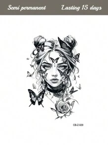 1 件草本汁半永久性纹身，Y2K 蝴蝶设计，14 天持久，不反光，大纹身贴纸，适用于手臂、胸部、背部和身体 - 藍色 - 查看 5