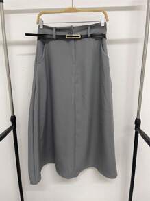 Long Monochromatic Tailored Skirt, With Side Pockets And Zipper And Button Details With Belt/DD026 - 灰色 - 查看 2