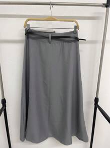 Long Monochromatic Tailored Skirt, With Side Pockets And Zipper And Button Details With Belt/DD026 - 灰色 - 查看 4