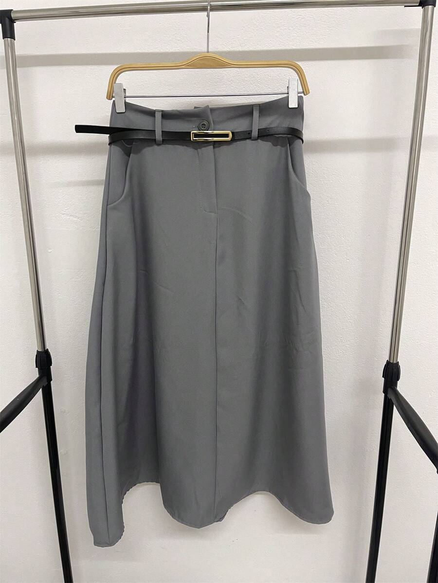 Long Monochromatic Tailored Skirt, With Side Pockets And Zipper And Button Details With Belt/DD026 - 灰色 - 查看 1