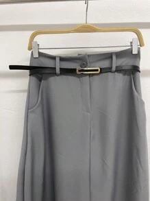 Long Monochromatic Tailored Skirt, With Side Pockets And Zipper And Button Details With Belt/DD026 - 灰色 - 查看 3