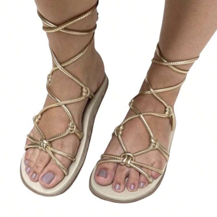 Women's Flatform Colorful Gladiator Lace-Up Papete Flat Sandal - 金色 - 查看 1