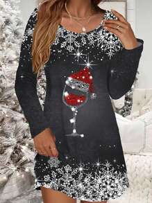 Women's Elegant Wine Glass Printed Christmas Dress, Autumn Winter New Arrival - Grey - View 1