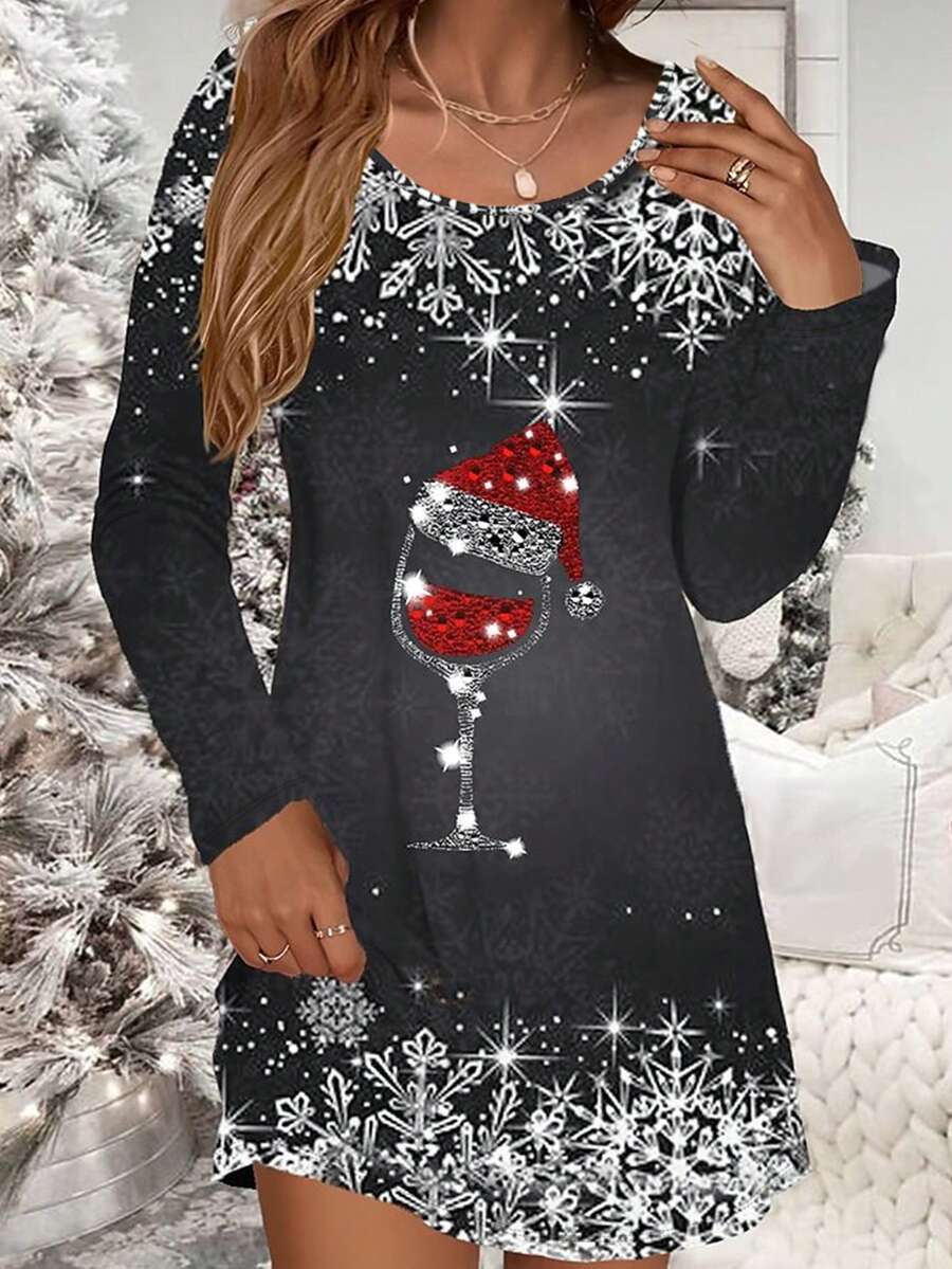 Women's Elegant Wine Glass Printed Christmas Dress, Autumn Winter New Arrival - Grey - View 1