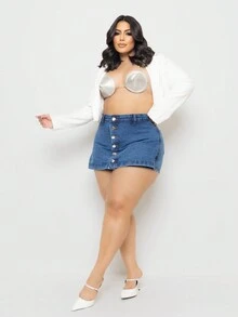 Short Skirt Plus Size Front Buttons Tidy High Waist - Rửa trung bình - Xem 2