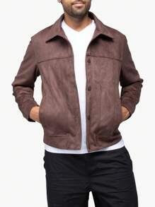 Men's Faux Suede Jacket - Dark Brown - View 2