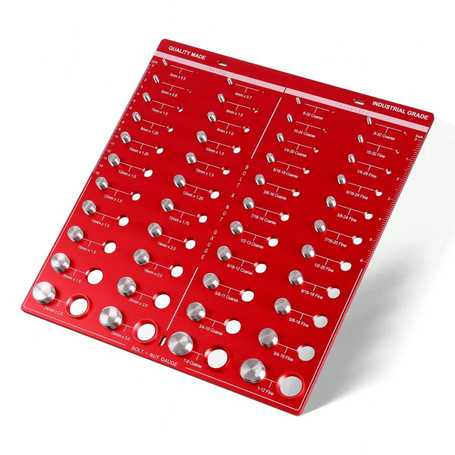 44-Piece Nut & Bolt Thread Checker – SAE And Metric Gauge With Ruler, Red Aluminum, 13.78 Inch Length