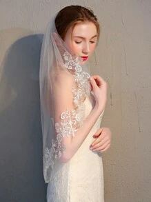 1 件优雅双层短蕾丝边新娘头纱，带梳子，适合婚纱和摄影道具 - 米色 - 查看 4