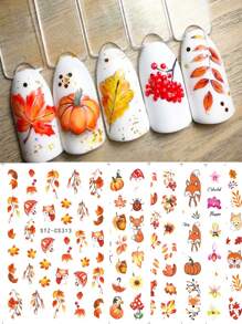 2/3PCS Autumn Leaf Pumpkin Nail Stickers Ghost Spider Blakc Cat Fox Beetle Design Self-Adhesive Slider Decor Small Simple Flower Festive Decoration Manicure Foils - Multicolor - View 2