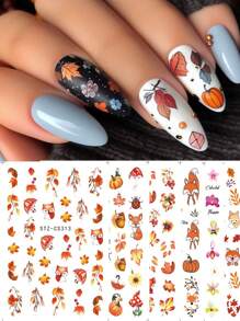 2/3PCS Autumn Leaf Pumpkin Nail Stickers Ghost Spider Blakc Cat Fox Beetle Design Self-Adhesive Slider Decor Small Simple Flower Festive Decoration Manicure Foils - Multicolor - View 7