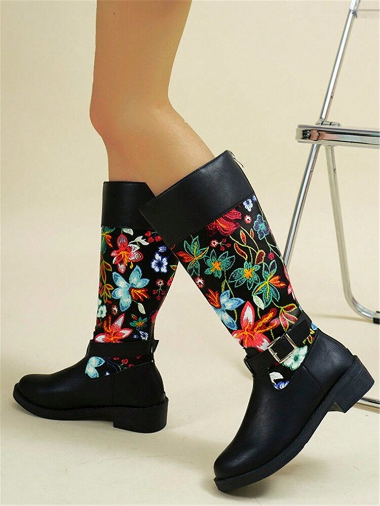 女式复古中筒靴拼色厚底鞋冬季 - 黑色 - 查看 2