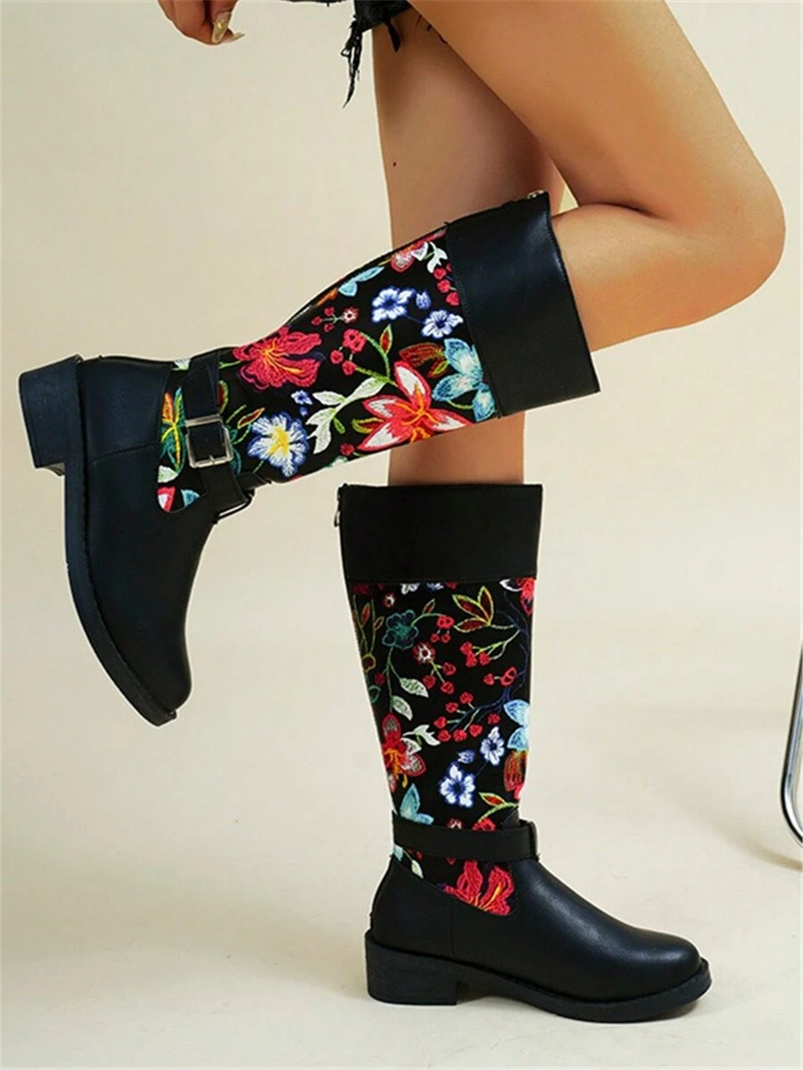 Cizme de damă vintage la mijlocul gambei patchwork pantofi cu platformă de iarnă - Negru - Vizualizare 1